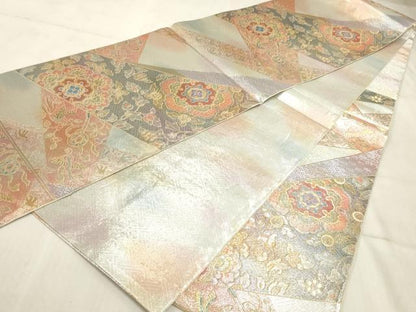 平和屋着物◎六通柄袋帯 裂取花鳥文 金銀糸 正絹 逸品 AAAO5296sx