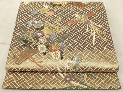 平和屋着物◎六通柄袋帯 唐織 鳳凰花束文 金糸 正絹 逸品 AAAO5299sx