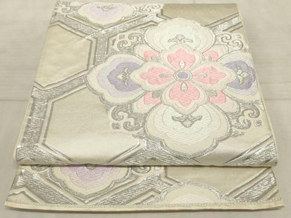 平和屋着物◎六通柄袋帯　唐織　亀甲花文　銀糸　正絹　逸品　AAAO5326sx