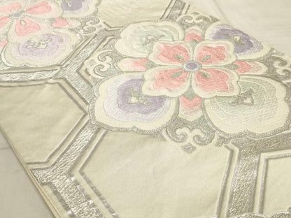 平和屋着物◎六通柄袋帯　唐織　亀甲花文　銀糸　正絹　逸品　AAAO5326sx