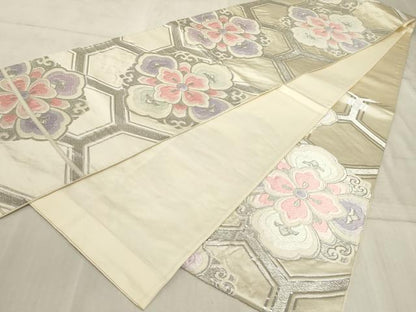 平和屋着物◎六通柄袋帯　唐織　亀甲花文　銀糸　正絹　逸品　AAAO5326sx