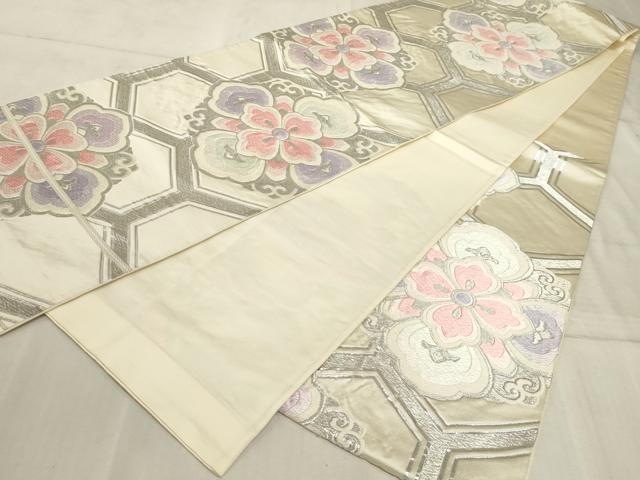 平和屋着物◎六通柄袋帯　唐織　亀甲花文　銀糸　正絹　逸品　AAAO5326sx
