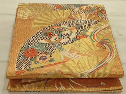 平和屋着物◎佐賀錦 六通柄袋帯 檜扇鳳凰花文 金糸 正絹 逸品 AAAO5456ou