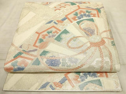 平和屋着物◎六通柄袋帯　片輪車飛鶴吉祥花文　銀糸　正絹　逸品　AAAO5711sx