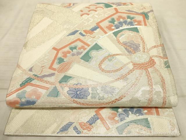 平和屋着物◎六通柄袋帯　片輪車飛鶴吉祥花文　銀糸　正絹　逸品　AAAO5711sx