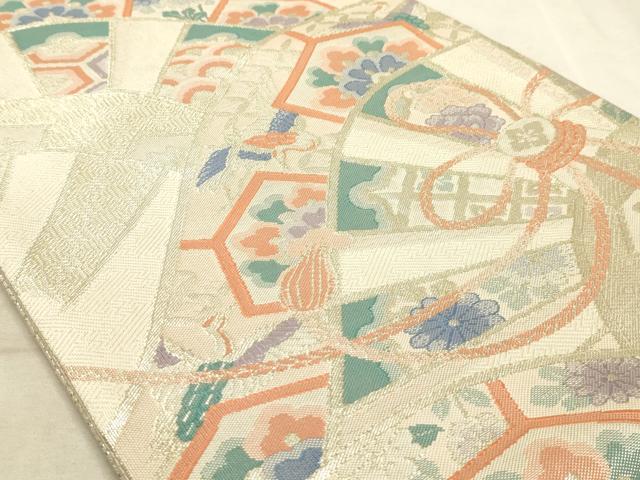 平和屋着物◎六通柄袋帯　片輪車飛鶴吉祥花文　銀糸　正絹　逸品　AAAO5711sx
