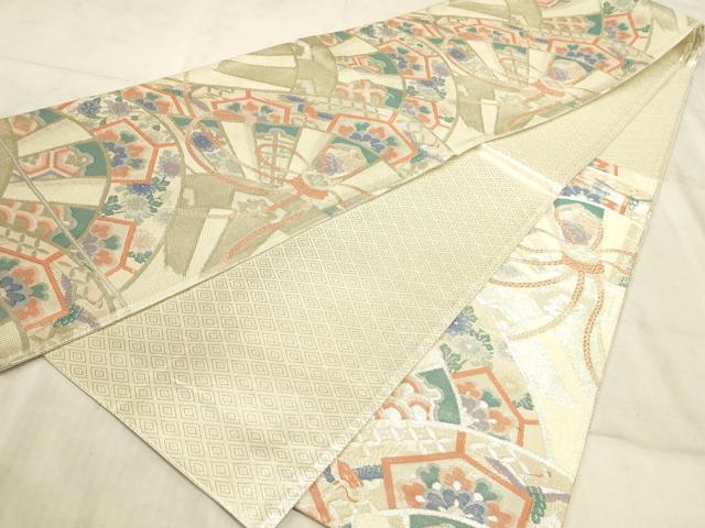 平和屋着物◎六通柄袋帯　片輪車飛鶴吉祥花文　銀糸　正絹　逸品　AAAO5711sx