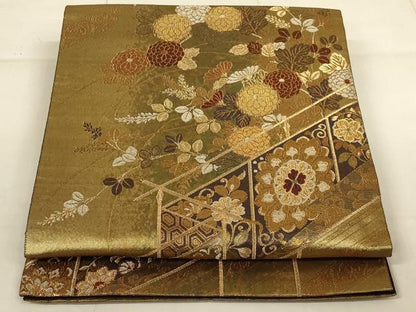 平和屋着物◎六通柄袋帯 屏風草花文 金糸 引箔 正絹 逸品 AAAO6151ou
