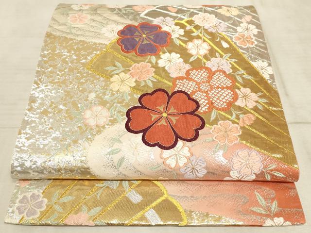 平和屋着物◎六通柄袋帯 唐織 流水扇面花文 金銀糸 正絹 逸品 AAAO6687sx
