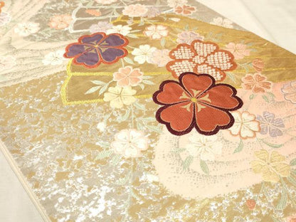 平和屋着物◎六通柄袋帯 唐織 流水扇面花文 金銀糸 正絹 逸品 AAAO6687sx