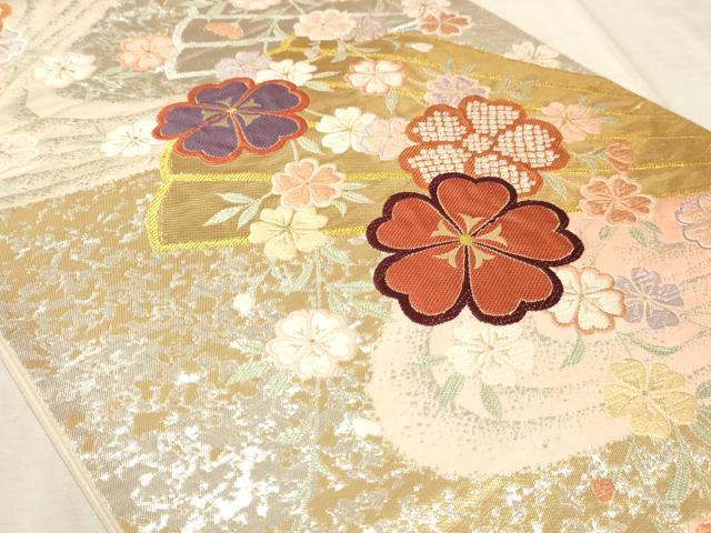 平和屋着物◎六通柄袋帯 唐織 流水扇面花文 金銀糸 正絹 逸品 AAAO6687sx