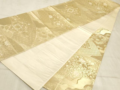 平和屋着物◎六通柄袋帯 地紙重ね花文 金糸 正絹 逸品 AAAO6705sx