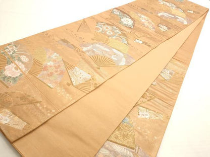 平和屋着物◎六通柄袋帯 扇面草花文 金銀糸 引箔 正絹 逸品 AAAO6767st