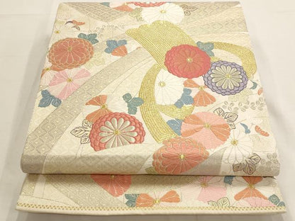 平和屋着物◎六通柄袋帯　唐織　新蒔絵紋　束ね熨斗花文　八重菊　金糸　正絹　逸品　AAAO6769st