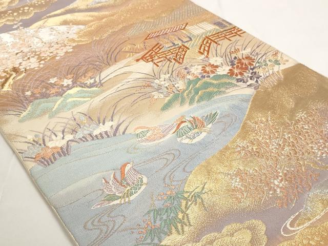 平和屋着物◎六通柄袋帯 風景鴛鴦花文 金銀糸 正絹 逸品 AAAO6838st