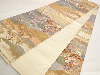 平和屋着物◎六通柄袋帯 風景鴛鴦花文 金銀糸 正絹 逸品 AAAO6838st