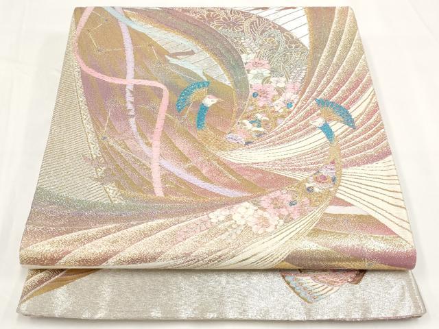 平和屋着物◎六通柄袋帯 流水孔雀花文 金銀糸 正絹 逸品 AAAO6871st