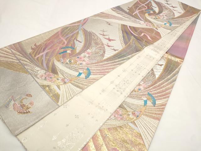 平和屋着物◎六通柄袋帯 流水孔雀花文 金銀糸 正絹 逸品 AAAO6871st