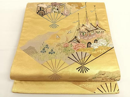 平和屋着物◎六通太鼓柄袋帯 扇面洛中図 色紙重ね御所車花文 金糸 引箔 正絹 逸品 AAAO6925wt