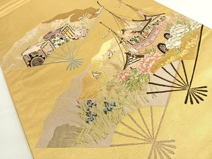 平和屋着物◎六通太鼓柄袋帯 扇面洛中図 色紙重ね御所車花文 金糸 引箔 正絹 逸品 AAAO6925wt