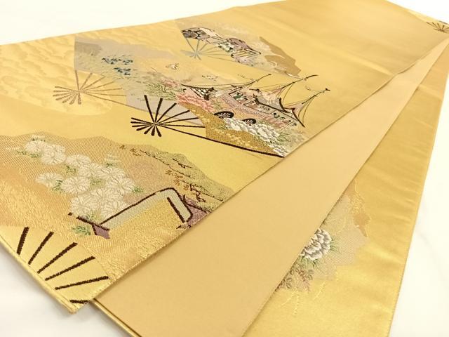 平和屋着物◎六通太鼓柄袋帯 扇面洛中図 色紙重ね御所車花文 金糸 引箔 正絹 逸品 AAAO6925wt