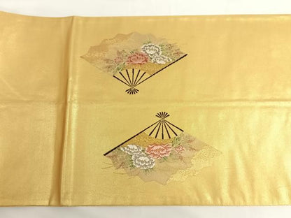 平和屋着物◎六通太鼓柄袋帯 扇面洛中図 色紙重ね御所車花文 金糸 引箔 正絹 逸品 AAAO6925wt
