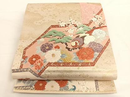 平和屋着物◎六通柄袋帯 唐織 屏風花鳥文 金糸 正絹 逸品 AAAO6931wt
