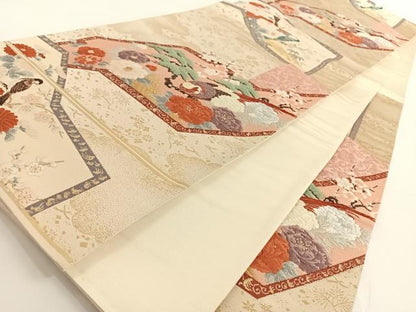 平和屋着物◎六通柄袋帯 唐織 屏風花鳥文 金糸 正絹 逸品 AAAO6931wt