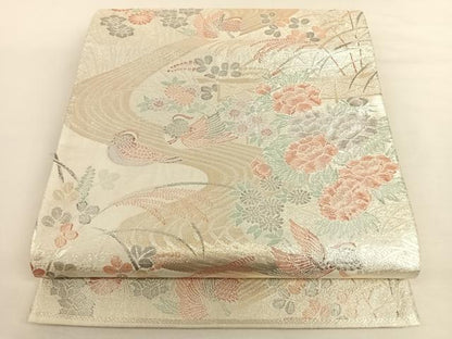 平和屋着物◎六通柄袋帯 流水鴛鴦花文 プラチナ箔 正絹 逸品 AAAO6966wt