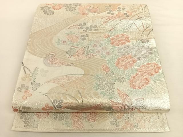 平和屋着物◎六通柄袋帯 流水鴛鴦花文 プラチナ箔 正絹 逸品 AAAO6966wt