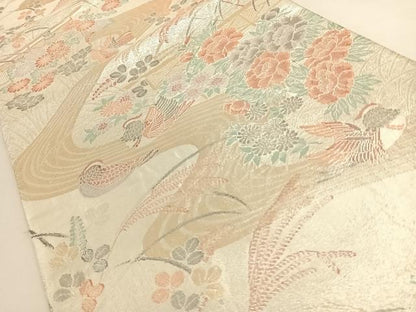 平和屋着物◎六通柄袋帯 流水鴛鴦花文 プラチナ箔 正絹 逸品 AAAO6966wt