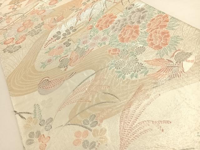 平和屋着物◎六通柄袋帯 流水鴛鴦花文 プラチナ箔 正絹 逸品 AAAO6966wt