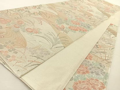 平和屋着物◎六通柄袋帯 流水鴛鴦花文 プラチナ箔 正絹 逸品 AAAO6966wt