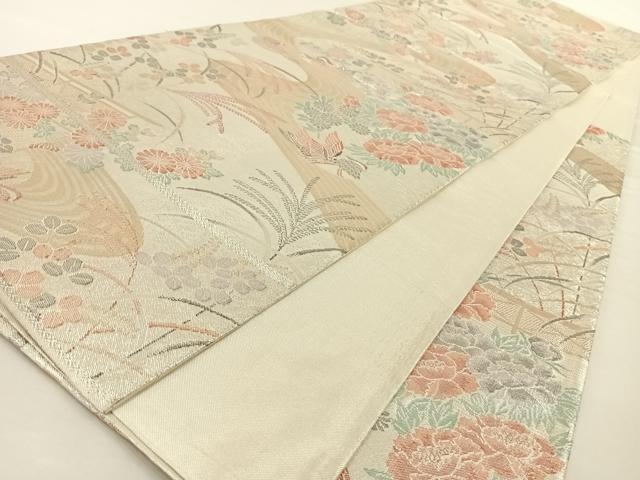 平和屋着物◎六通柄袋帯 流水鴛鴦花文 プラチナ箔 正絹 逸品 AAAO6966wt