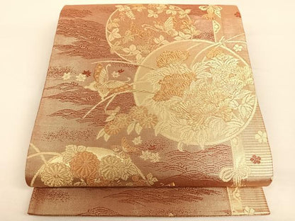 平和屋着物◎佐賀錦　六通柄袋帯　流水花蝶丸文　金糸　正絹　逸品　AAAO6971wt