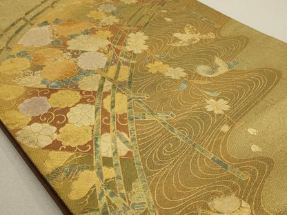平和屋着物◎六通太鼓柄袋帯　渡橋花鳥文　金糸　金彩　正絹　逸品　AAAO7140ou