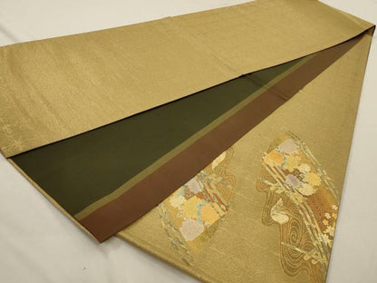 平和屋着物◎六通太鼓柄袋帯　渡橋花鳥文　金糸　金彩　正絹　逸品　AAAO7140ou