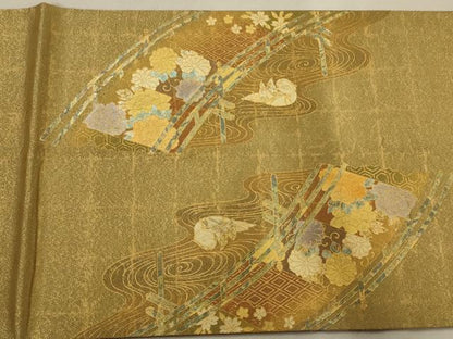 平和屋着物◎六通太鼓柄袋帯　渡橋花鳥文　金糸　金彩　正絹　逸品　AAAO7140ou