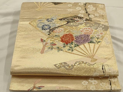 平和屋着物◎六通柄袋帯　唐織　扇面花鳥文　金糸　正絹　逸品　AAAO7161ou
