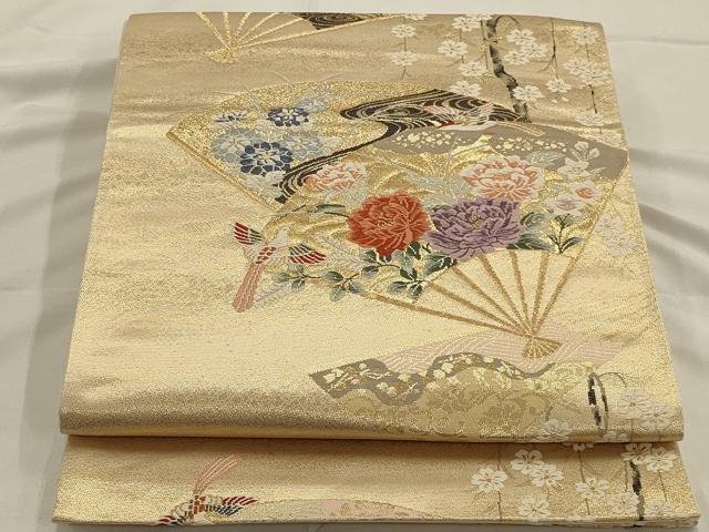 平和屋着物◎六通柄袋帯　唐織　扇面花鳥文　金糸　正絹　逸品　AAAO7161ou