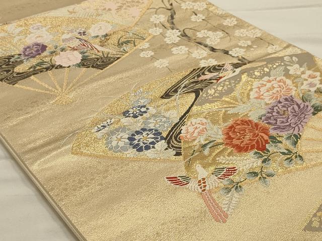 平和屋着物◎六通柄袋帯　唐織　扇面花鳥文　金糸　正絹　逸品　AAAO7161ou