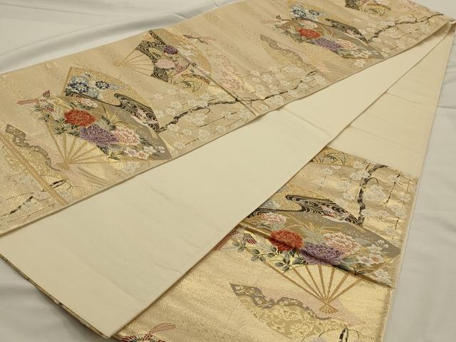 平和屋着物◎六通柄袋帯　唐織　扇面花鳥文　金糸　正絹　逸品　AAAO7161ou