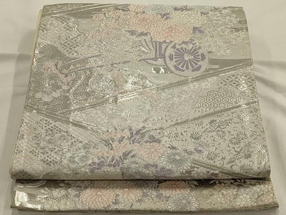 平和屋着物◎六通柄袋帯 九百錦 花車文 プラチナ箔 正絹 逸品 AAAO7162ou