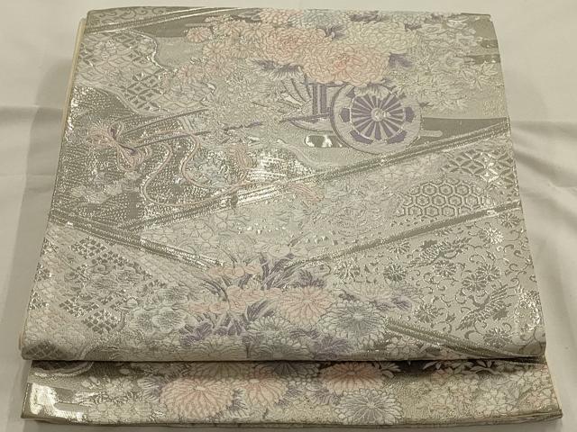 平和屋着物◎六通柄袋帯 九百錦 花車文 プラチナ箔 正絹 逸品 AAAO7162ou