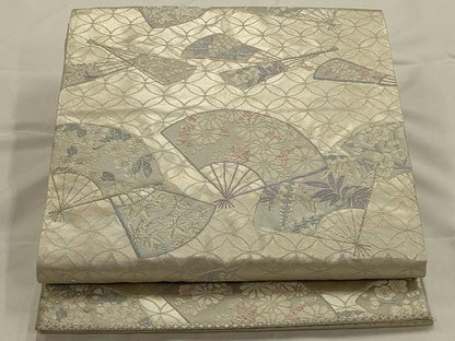 平和屋着物◎六通柄袋帯 唐織 扇面吉祥花文 銀糸 正絹 逸品 AAAO7165ou
