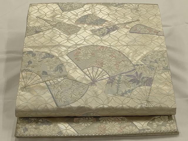 平和屋着物◎六通柄袋帯 唐織 扇面吉祥花文 銀糸 正絹 逸品 AAAO7165ou
