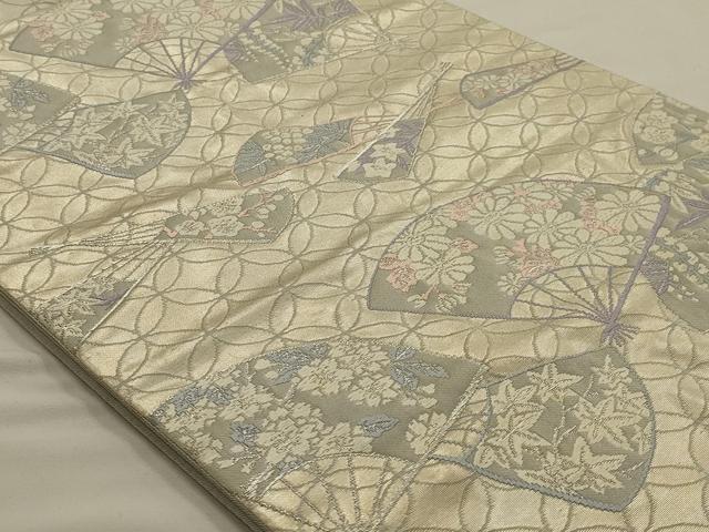 平和屋着物◎六通柄袋帯 唐織 扇面吉祥花文 銀糸 正絹 逸品 AAAO7165ou