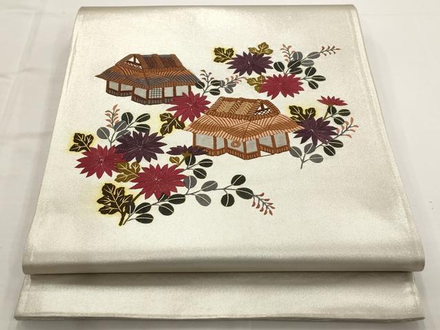 平和屋着物◎太鼓柄袋帯 総刺繍 風景花文 正絹 逸品 AAAO7350st