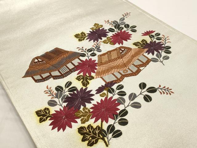 平和屋着物◎太鼓柄袋帯 総刺繍 風景花文 正絹 逸品 AAAO7350st