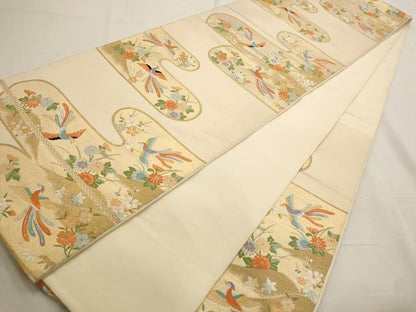平和屋着物◎六通柄袋帯 唐織 エ霞花鳥文 金銀糸 正絹 逸品 AAAO7405st